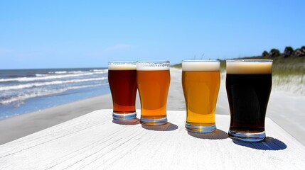 Four different types of beer are lined up on a table on a beach. The beers are in tall glasses and are arranged in a row. The beach setting creates a relaxed and leisurely atmosphere