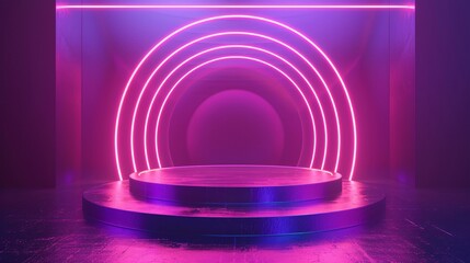 Obraz premium 2. Surreal abstract stage with a cylinder podium and circular form, illuminated by a holographic neon purple backdrop, perfect for presenting cosmetic, beauty products, and packaging mockups