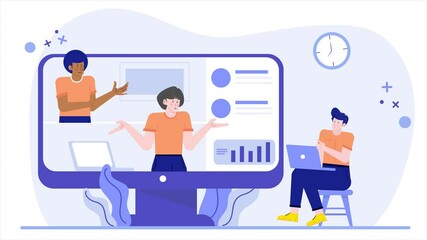 Virtual collaboration among team members in digital workspace illustration business animated video