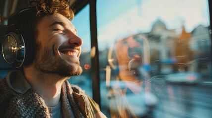 Obraz premium Happy teen passenger listening to the music traveling in a train and looking through the window