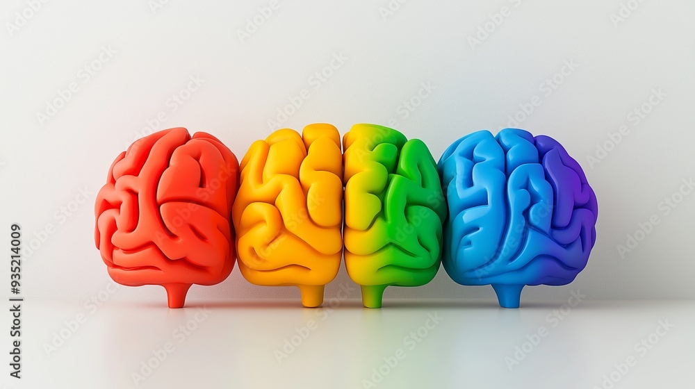 Poster a group of colorful brain models are lined up next to each other. the colors of the brains are rainb
