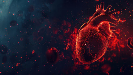 Human heart with cardio pulse line  chromosome and Flowing red blood cells