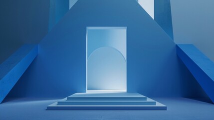 5. Front view of a blue 3D podium with an integrated doorway, complemented by a white geometric abstract background, creating a visually appealing and contemporary scene