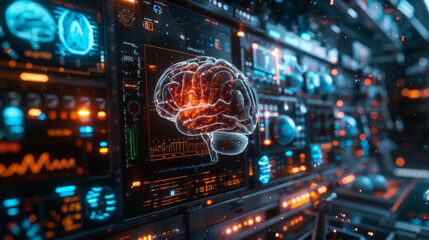Cybernetic brain interface showing decreasing neural activity, illustrating depression in a high tech medical lab