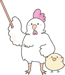 指示棒を持つ可愛いにわとりとひよこ © nunini