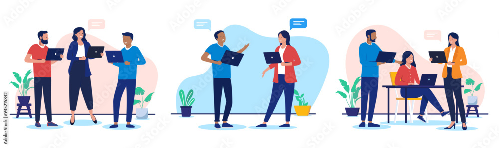 Poster Work dialogue and communication collection - Vector illustrations of businesspeople with laptop computers talking together and doing work while smiling. Flat design characters on white background