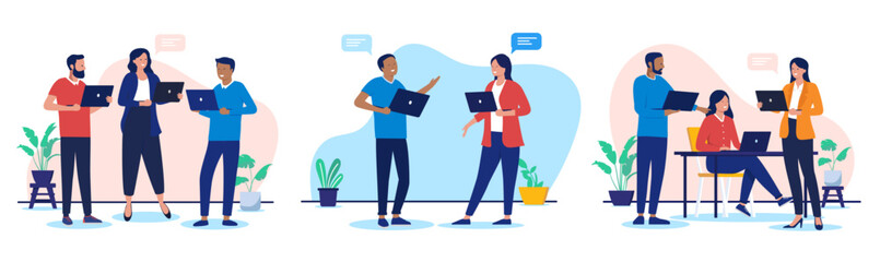Work dialogue and communication collection - Vector illustrations of businesspeople with laptop computers talking together and doing work while smiling. Flat design characters on white background