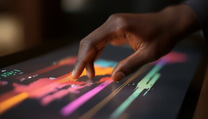 Fototapeta premium African American Finger Interacting with Dynamic Forex and Stock Market Charts: Abstract Financial Data Visualization. Minimalist Composition for Business Intelligence, Economic Analysis, and Investme