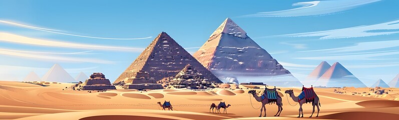 pyramids giza cairo in egypt with camel caravane panoramic scenic view. 