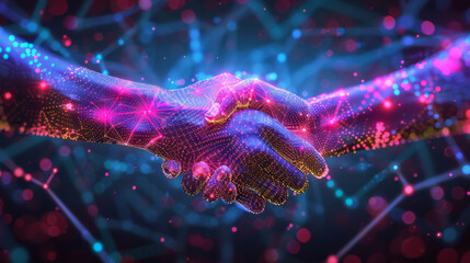 Handshake in digital futuristic style. The concept of partnership