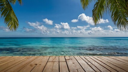 Fototapeta premium Seaside summer beach view clear blue sky and water with tropical trees theme, plank table close-up in foreground with space for showing products or advertise, summertime waves with white clouds in sky