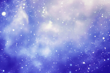 Abstract blue purple bokeh background with white snow particles falling down for dreamy and elegant illustration