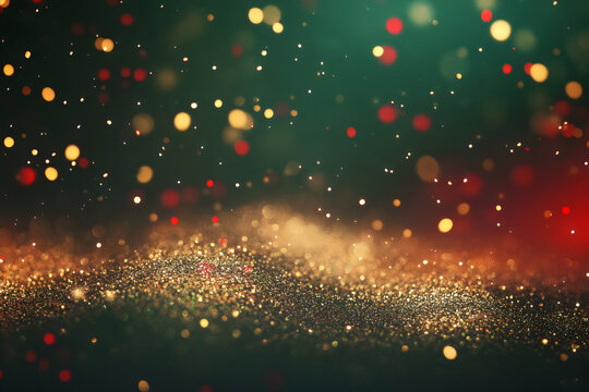 Abstract Christmas glittering background with red and gold lights falling on glitter green space for design