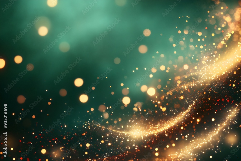 Wall mural abstract golden particles flowing and sparkling on dark green background with copy space for design
