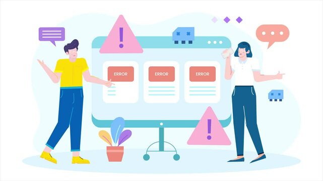 Two colleagues express concern over errors displayed on a computer screen illustration business animated video