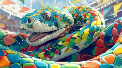 Obraz premium A vibrant, close-up view of a colorful lizard and chameleon, surrounded by festive patterns and textures, inspired by celebration and craft
