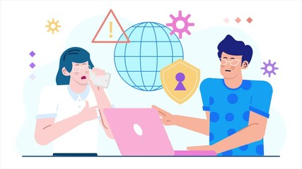 a worried woman over a laptop discussing cybersecurity and digital safety illustration business animated video