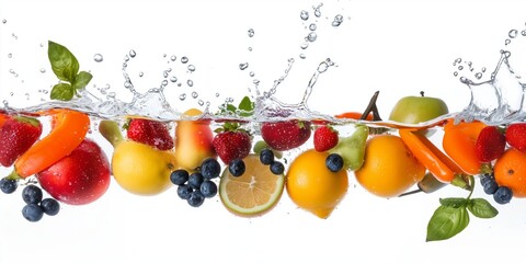 Vibrant assortment of fresh fruits and vegetables splashing into clear water, symbolizing health, nutrition, and vitality. Freshness and healthy eating concept