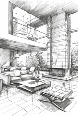 drawing living-room  modern house futuristic,  style of rough-edged  animation