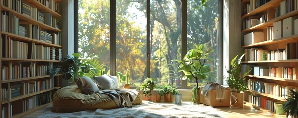 Warm and relaxing reading nook featuring bookshelves and a spacious window.