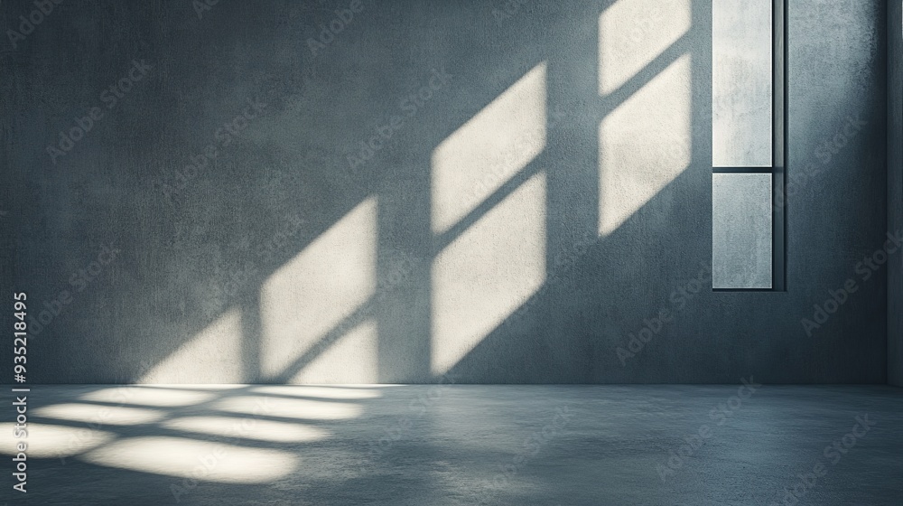 Poster gray concrete background with shadows and light streaming through windows, creating a serene atmosph