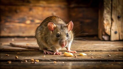 A curious brown rat is caught in the act, nibbling on a crumb dropped on a worn, wooden floor in a dimly lit, rustic atmosphere.