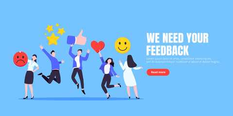 Employee feedback work satisfaction survey business concept flat vector illustration. Employee or customer feedback rating opinion with people and social icons - thumb, smile emoji, stars and heart.