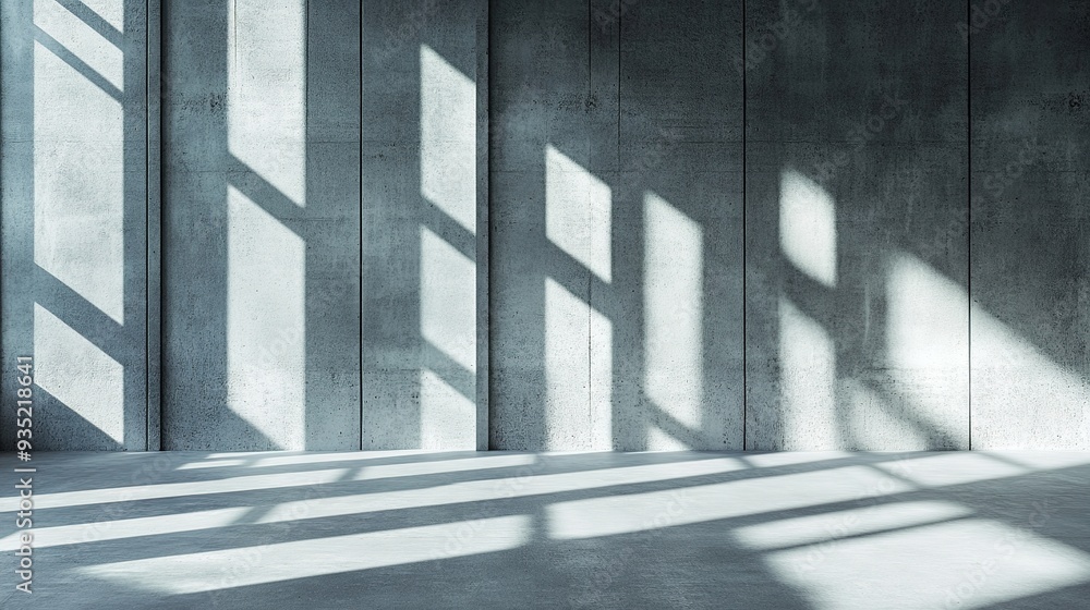 Poster gray concrete background with shadows and light streaming through windows, creating a serene atmosph