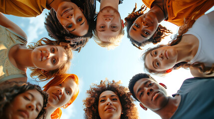 A diverse group of friends gathered together, looking down with smiles, representing unity and friendship against a bright sky.