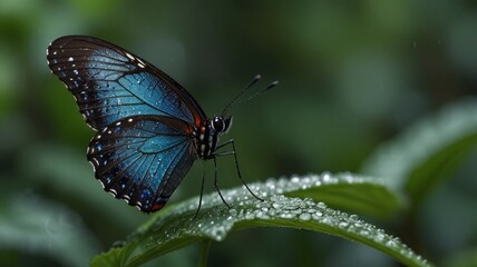 Fototapeta premium a blue butterfly with a blue tail is on a leaf.
