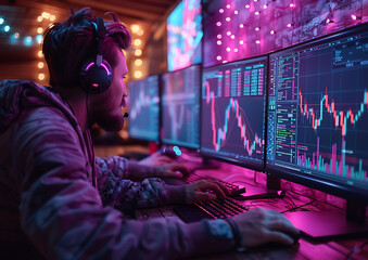 Obraz premium A focused individual analyzes financial data on multiple monitors in a vibrant, tech-inspired workspace.