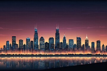 Obraz premium Cityscape silhouette with reflection in water during sunset.