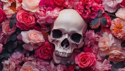 Skull Adorned with Red Roses on a Black Background