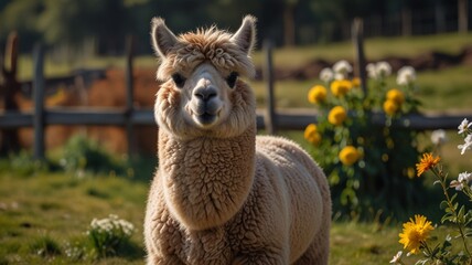 Obraz premium a llama is standing in a field with a fence in the background.