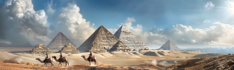 pyramids giza cairo in egypt with camel caravane panoramic scenic view. 