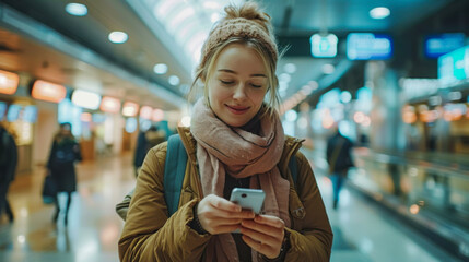 Obraz premium Terminal Happy Traveling Woman Walks to Flight Gates in Airport