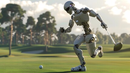 Robot Golfer Swinging Club: A robot golfer in mid-swing, sending a golf ball soaring over a pristine course.
