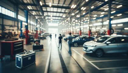 Fototapeta premium Abstract blur of a modern car garage interior, with indistinct shapes of vehicles and equipment, softly defocused to create a sense of motion and activity in an auto repair workshop