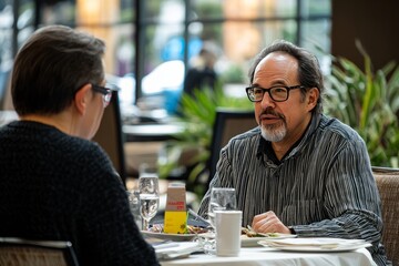 A client and mentor network at a business luncheon, sharing insights and exchanging contact information over a meal The environment