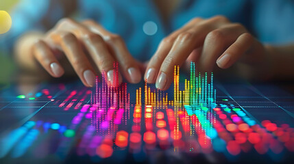 Hands manipulating colorful data visualizations on a digital interface, illustrating data analysis and technology integration.
