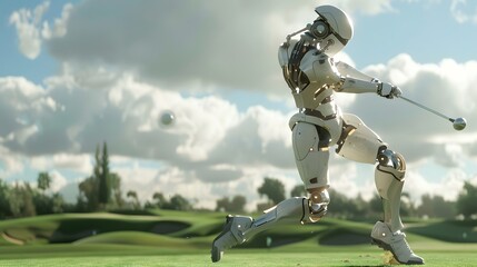 Robot Golfer Swinging Club: A robot golfer in mid-swing, sending a golf ball soaring over a pristine course.
