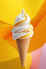 A delicious ice cream cone with swirls of vanilla and mango flavors against a vibrant background.