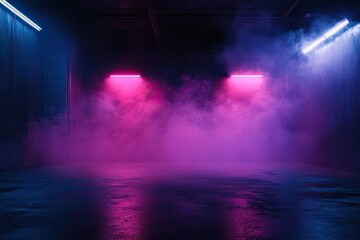 Dark empty room with concrete floor, neon lights and smoke. Abstract background