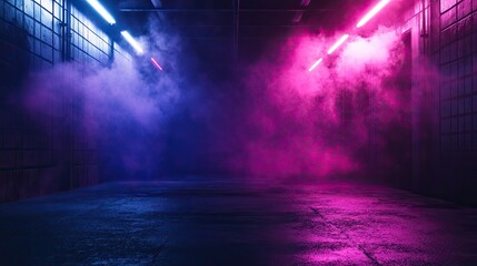Dark empty room with concrete floor, neon lights and smoke. Abstract background