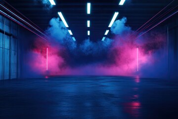 Dark empty room with concrete floor, neon lights and smoke. Abstract background