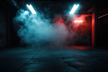 Naklejka premium Dark empty room with concrete floor, neon lights and smoke. Abstract background
