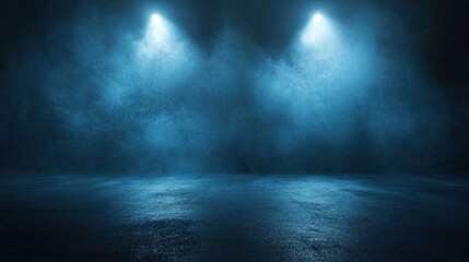 Dark empty room with concrete floor, neon lights and smoke. Abstract background