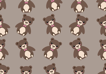 Cute brown teddy bear doodle art seamless pattern on a light brown background. For cards, frames, posters, book covers, textiles, wallpaper, wrapping and fabric.