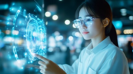 Woman using futuristic touchscreen interface with glowing blue digital graphics