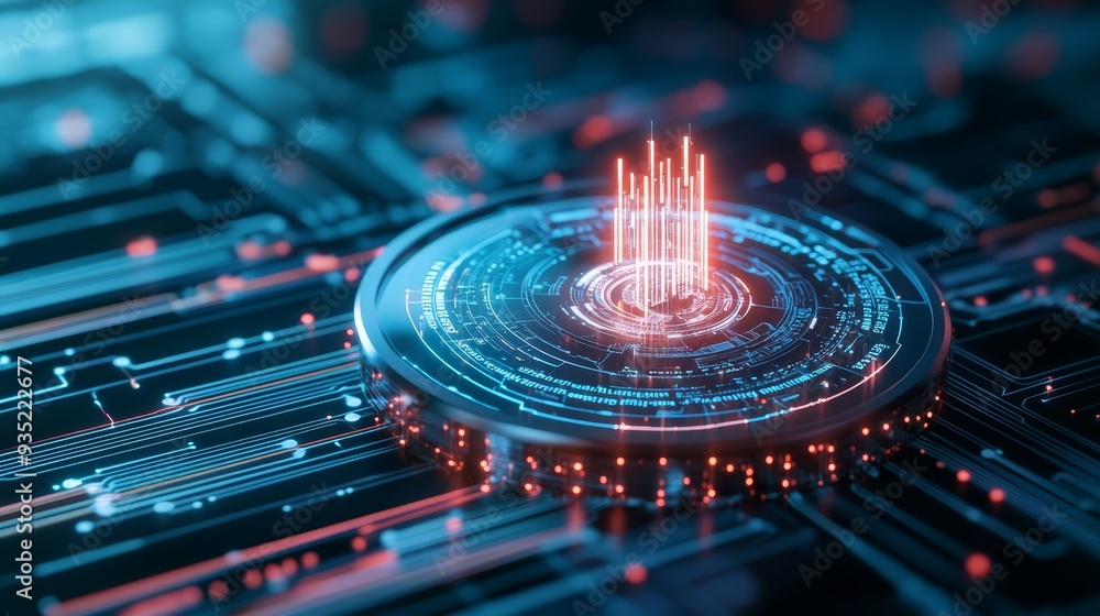 Poster futuristic technology circuit board with glow lines and interface